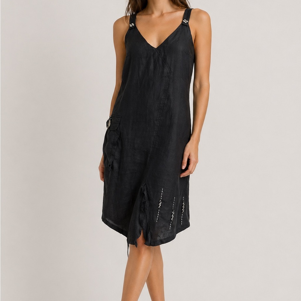 Black V-Neck Linen Overall Dress Sz 6